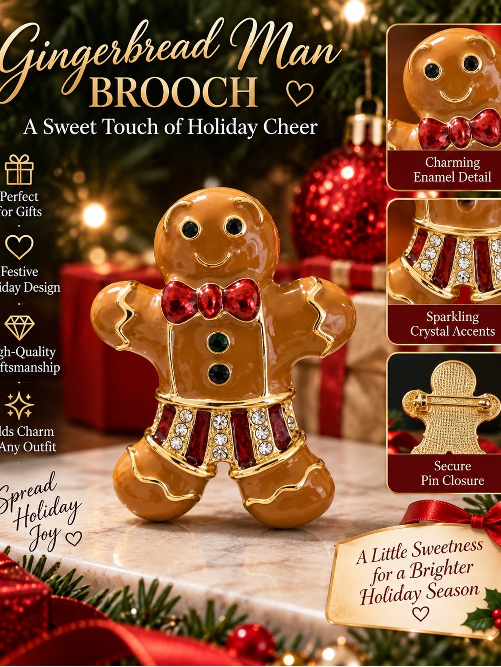 Gingerbread Man Brooch - Festive Brown with Red and Gold Accents
